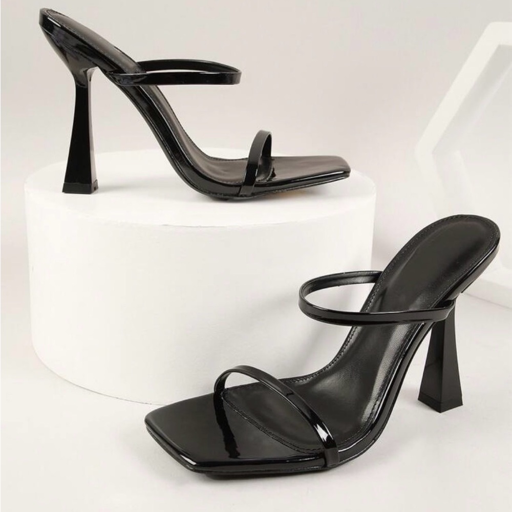 SHEIN Black Patent Double-Strap Square-Toe Heeled Sandals